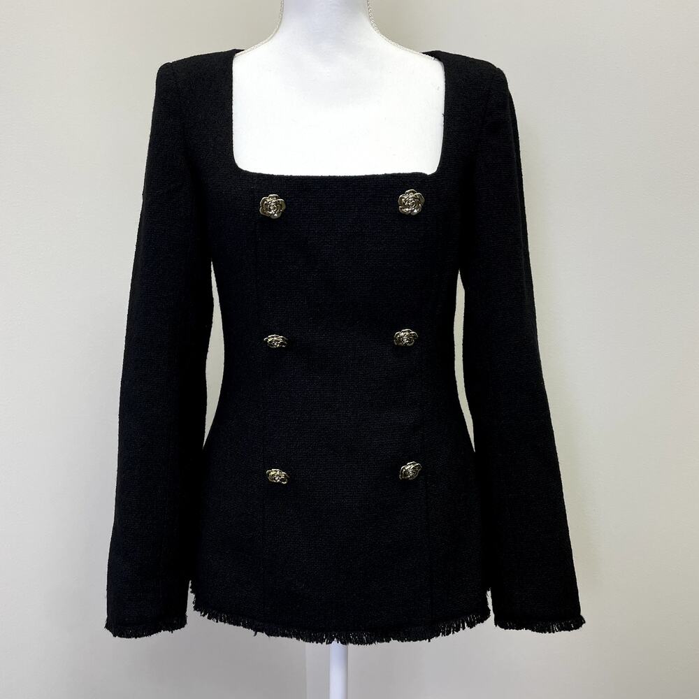 Reformation Coleen Black Tweed Blazer size 6 Gold Button